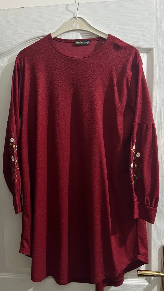 Bordo Nakışlı Uzun Kollu Salaş Tunik - Görsel 3