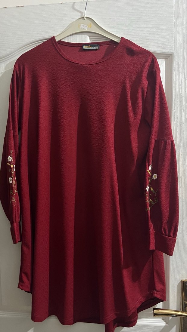 Bordo Nakışlı Uzun Kollu Salaş Tunik - Görsel 2