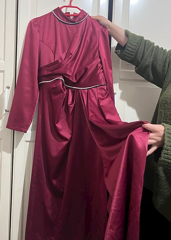 Bordo Uzun Kollu Modern Klasik Kadın Elbise - Görsel 4