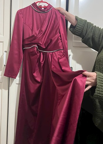 Bordo Uzun Kollu Modern Klasik Kadın Elbise - Görsel 3