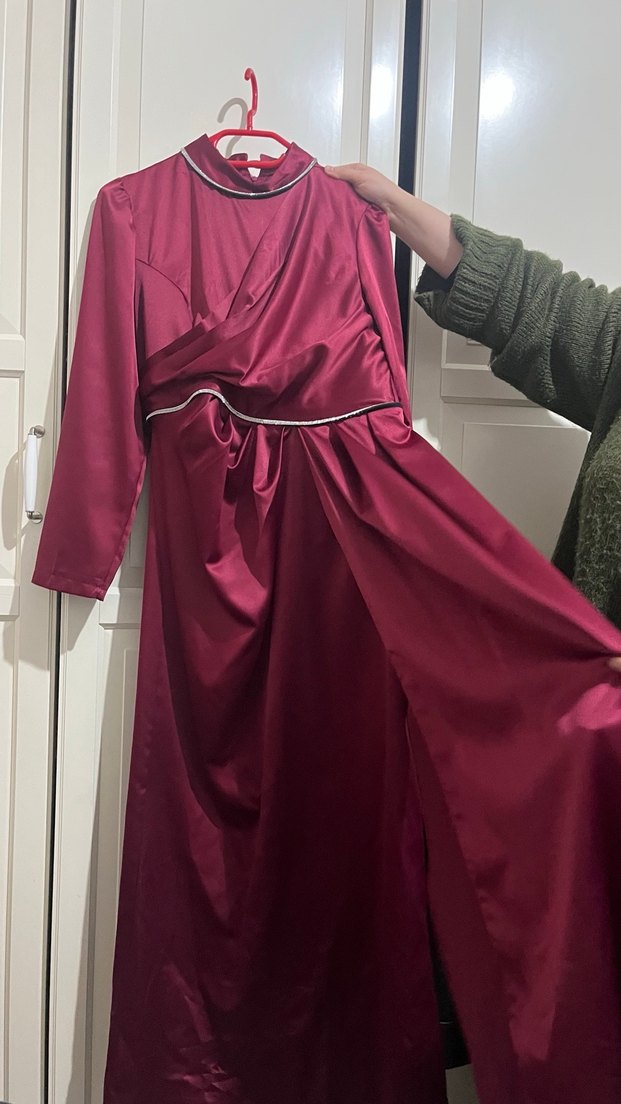 Bordo Uzun Kollu Modern Klasik Kadın Elbise - Görsel 2