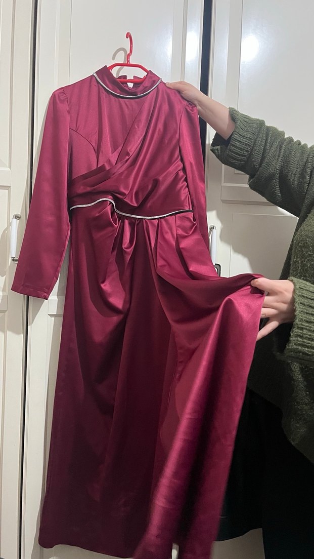 Bordo Uzun Kollu Modern Klasik Kadın Elbise - Görsel 3