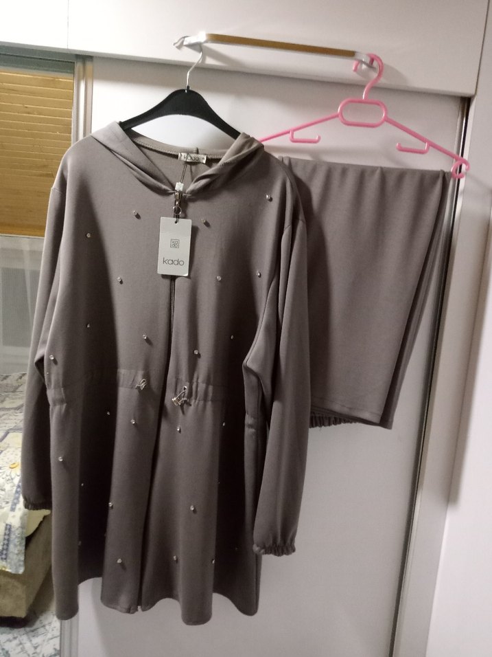 Boncuk İşlemeli  açık kahve Kadın Uzun Takım - Görsel 5