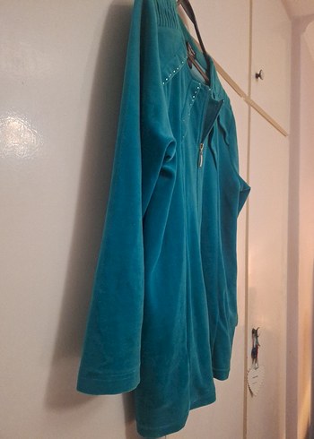 Turkuaz Parlak Kadın Fermuarlı Ceket - Görsel 3