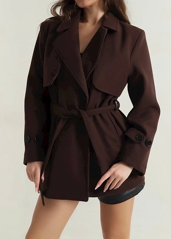 Kahverengi Kemerli Kısa Kadın Trençkot - Görsel 2