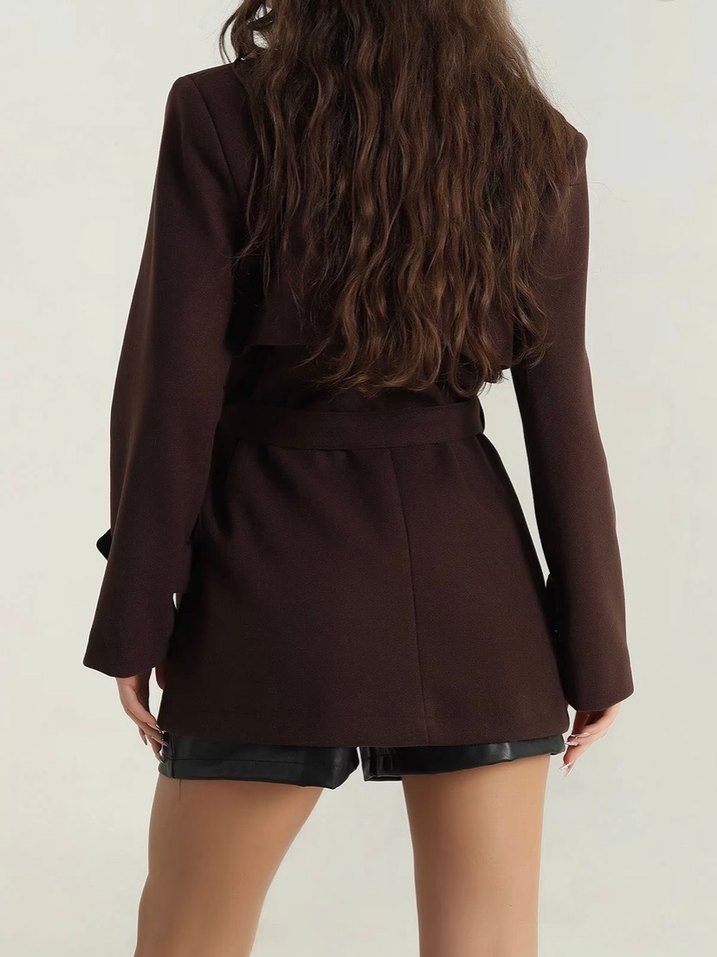 Kahverengi Kemerli Kısa Kadın Trençkot - Görsel 3