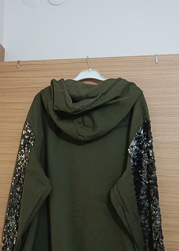 Payet İşlemeli Kapüşonlu Uzun Yeşil Kadın Kaban (büyük beden m) - Görsel 6