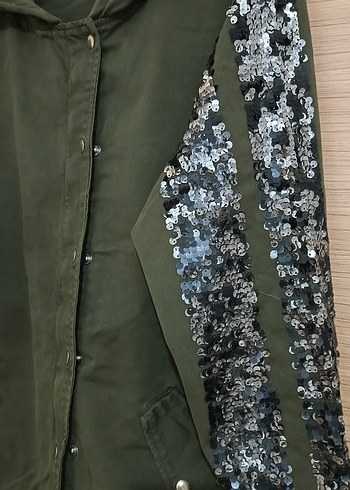 Payet İşlemeli Kapüşonlu Uzun Yeşil Kadın Kaban (büyük beden m) - Görsel 2