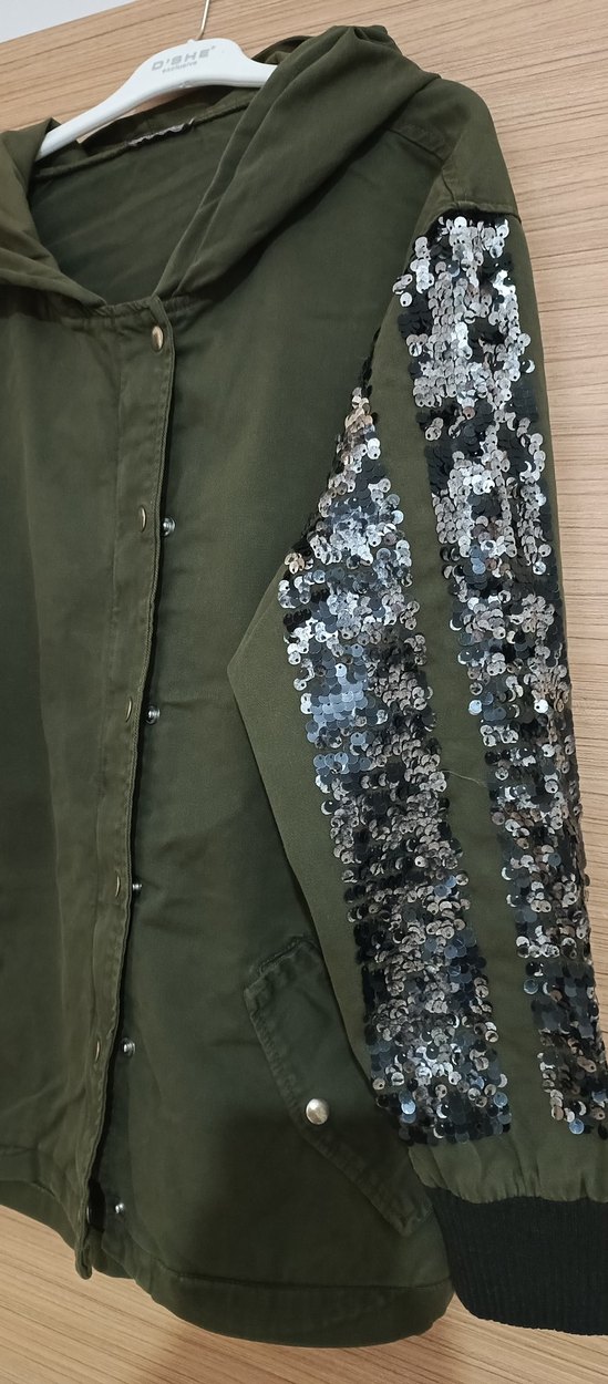 Payet İşlemeli Kapüşonlu Uzun Yeşil Kadın Kaban (büyük beden m) - Görsel 2