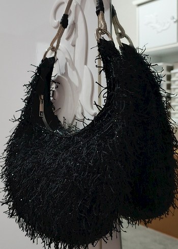 Siyah Püsküllü Simli Gotik Örgü Kadın Çanta - Görsel 2