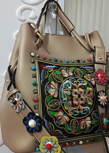 Renkli Nakışlı Boncuklu Deri Çanta - Görsel 2