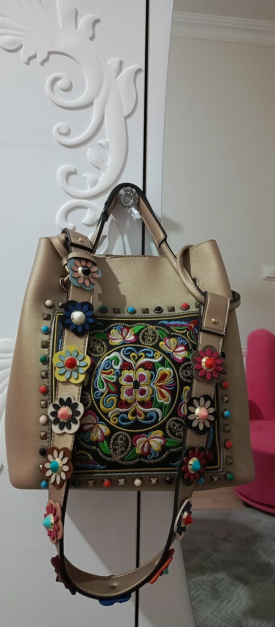 Renkli Nakışlı Boncuklu Deri Çanta - Görsel 3