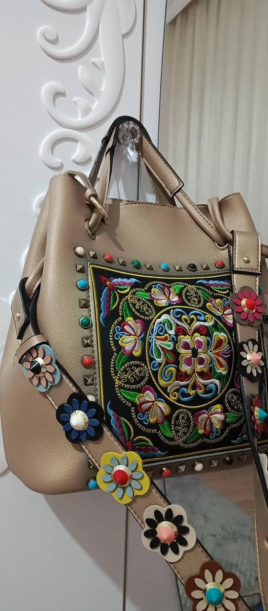 Renkli Nakışlı Boncuklu Deri Çanta - Görsel 2