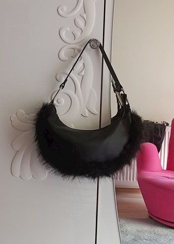 Siyah Kürklü Gotik Kadın Çanta - Görsel 2