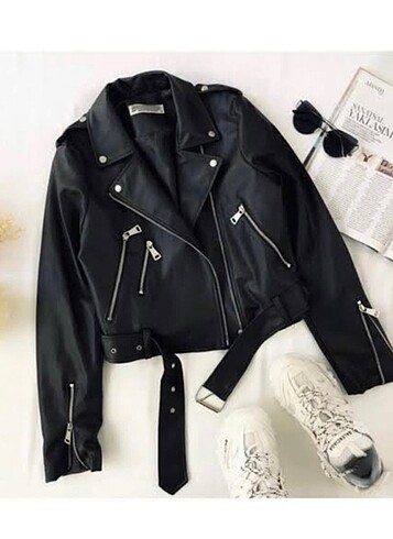 Siyah kadın biker deri ceket