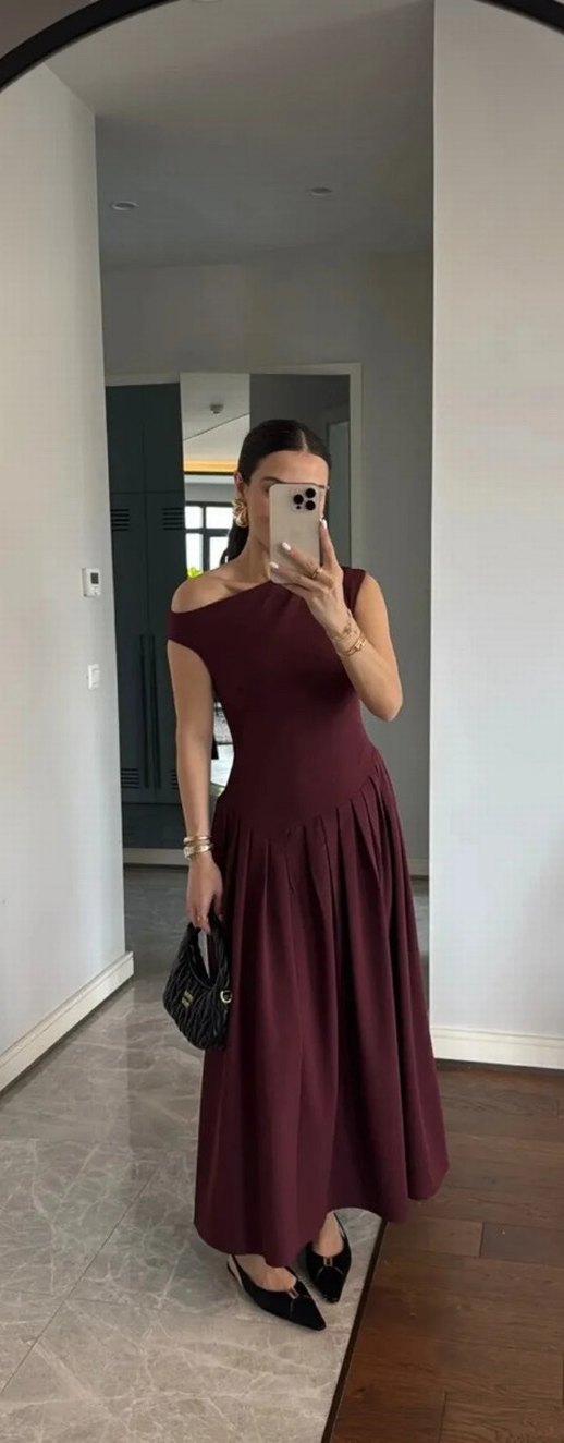 Bordo Uzun Drapeli Tek Omuz Açık Kadın Abiye Elbise - Görsel 2