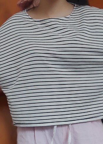 Pamuklu Gri Çizgili Salaş Hamile Tişörtü - Görsel 3