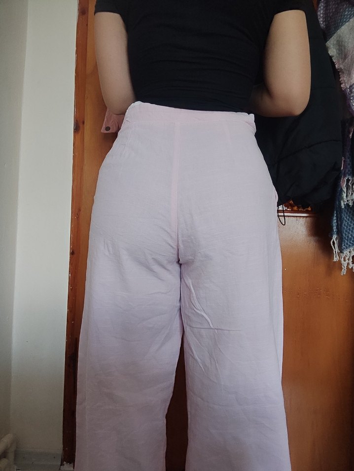 Pembe Bol Paça Kadın %100 Pamuk Pantolon - Görsel 2