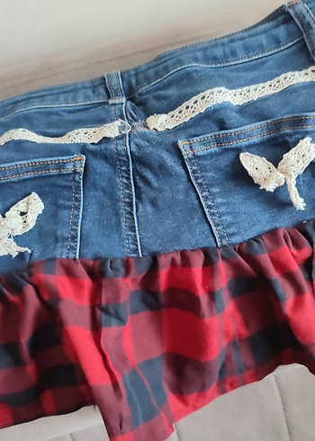 Koyu Kırmızı Ekose Detaylı Kot Mini Etek - Görsel 2