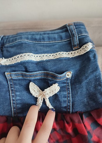 Koyu Kırmızı Ekose Detaylı Kot Mini Etek - Görsel 4