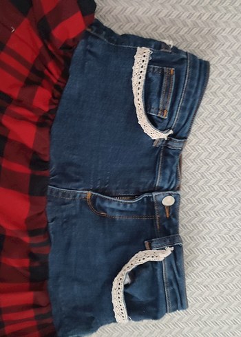 Koyu Kırmızı Ekose Detaylı Kot Mini Etek - Görsel 3