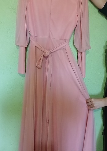 40 Beden pembe Renk Pembe Uzun Kollu V Yakalı Uzun Abiye