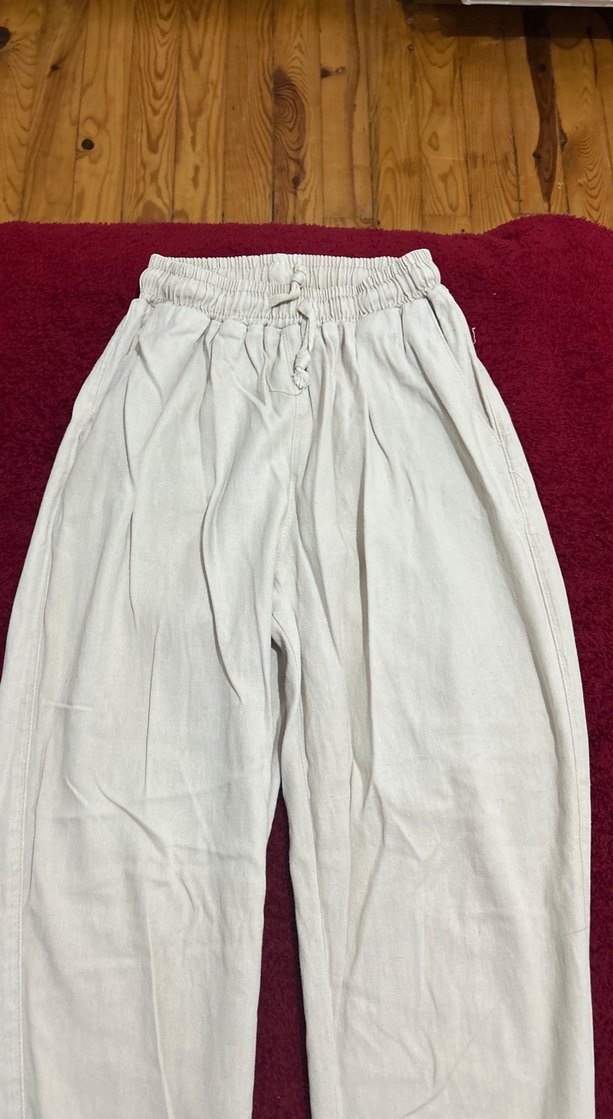 Beyaz Rahat Kesim Keten Kadın Pantolon - Görsel 2