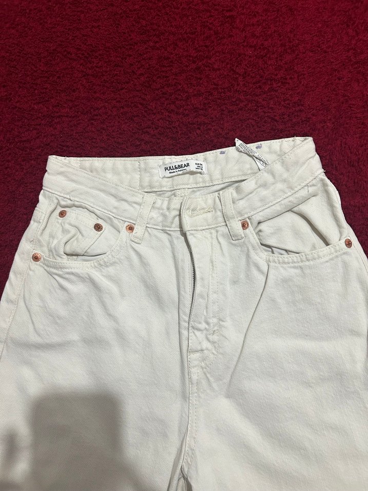 Düğmeli Beyaz Kadın Pamuklu Salaş Jean - Görsel 3