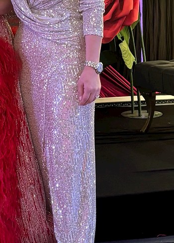 Parlak Bej Payetli Uzun Abiye Elbise - Görsel 2