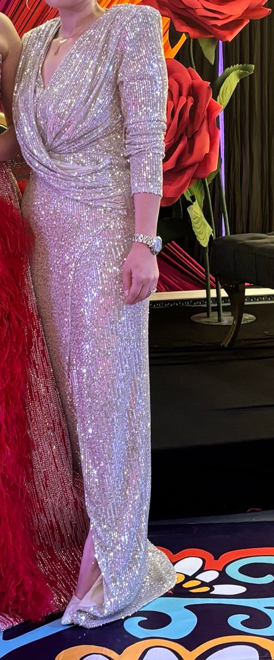 Parlak Bej Payetli Uzun Abiye Elbise - Görsel 2