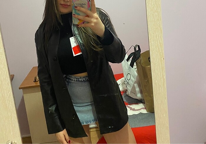 Bershka Bershka Oversize Siyah Deri Ceket