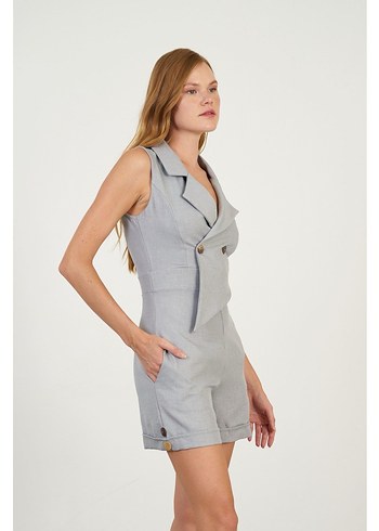 Kadın Keten Düğmeli Kısa Tulum Yeşil - Görsel 4