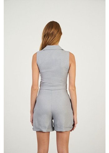 Kadın Keten Düğmeli Kısa Tulum Yeşil - Görsel 6