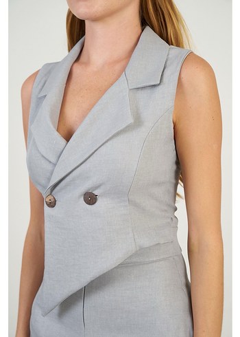 Kadın Keten Düğmeli Kısa Tulum Yeşil - Görsel 5