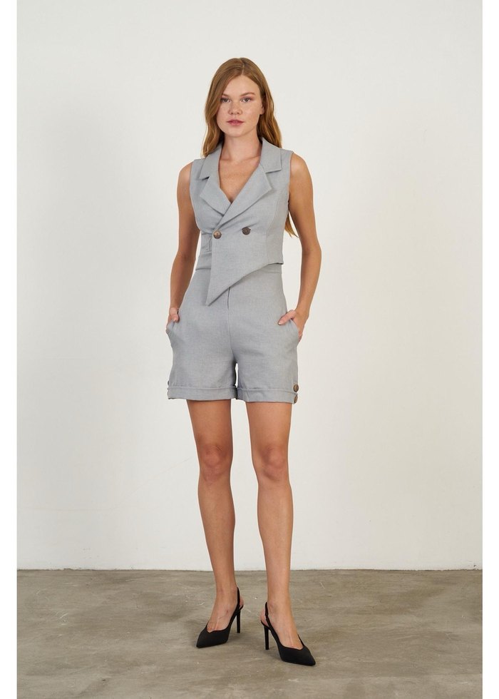 Kadın Keten Düğmeli Kısa Tulum Yeşil - Görsel 3