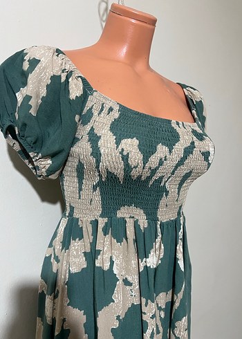 Yeşil Gri Bağlama Desenli Uzun Bohem Elbise - Görsel 2