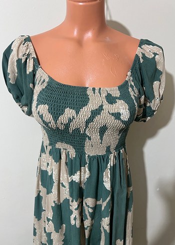 Yeşil Gri Bağlama Desenli Uzun Bohem Elbise - Görsel 3