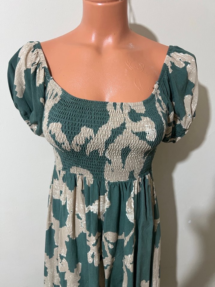 Yeşil Gri Bağlama Desenli Uzun Bohem Elbise - Görsel 3