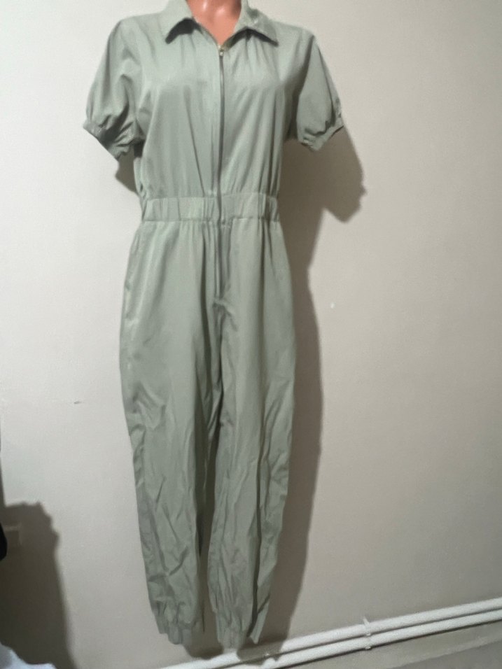 Yeşil Fermuarlı Kısa Kollu Kadın Tulum - Görsel 2