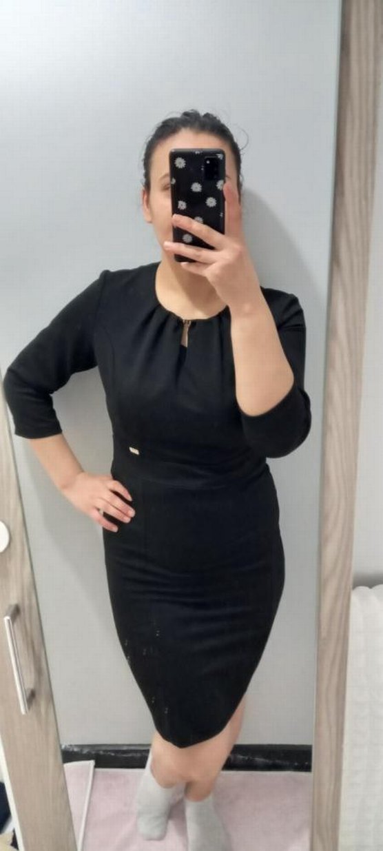 Kemer Detaylı Siyah Midi Ofis Elbisesi - Görsel 4