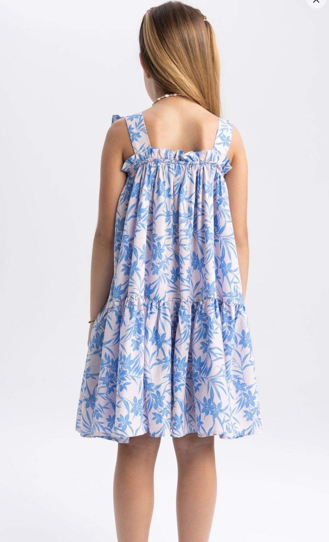 Kız Çocuk Mavi Fırfırlı Askılı Elbise - Görsel 3