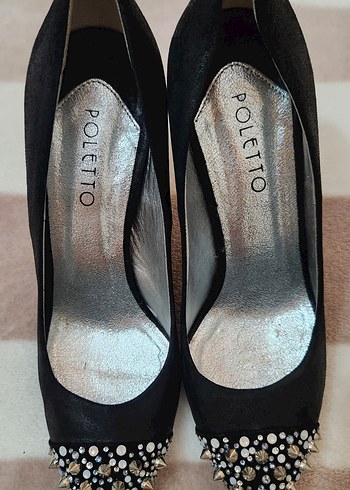 Poletto Hakiki Deri Siyah topuklu ayakkabı. - Görsel 4