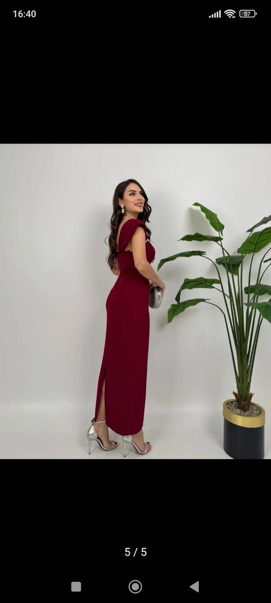 Bordo Midi Abiye Elbise, Modern Klasik - Görsel 5