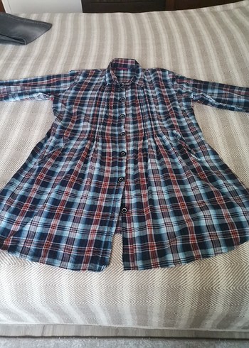 Düğmeli Uzun Ekose Kadın Gömlek - Görsel 3