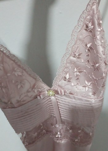 Pembe Uzun İşlemeli Kadın Gecelik Takımı - Görsel 5