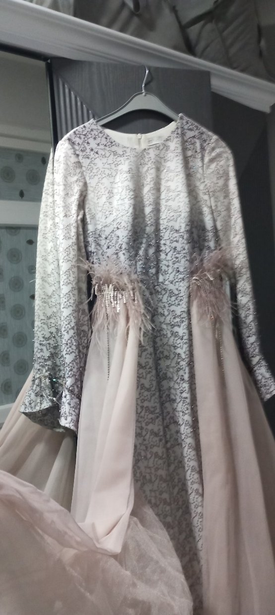 Bej Drapeli Uzun Abiye Elbise - Görsel 3