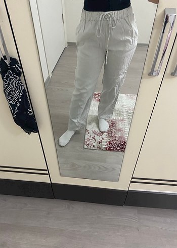 Beyaz Bol Kesim Keten Kadın Pantolon - Görsel 3