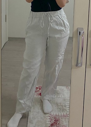 Beyaz Bol Kesim Keten Kadın Pantolon - Görsel 2