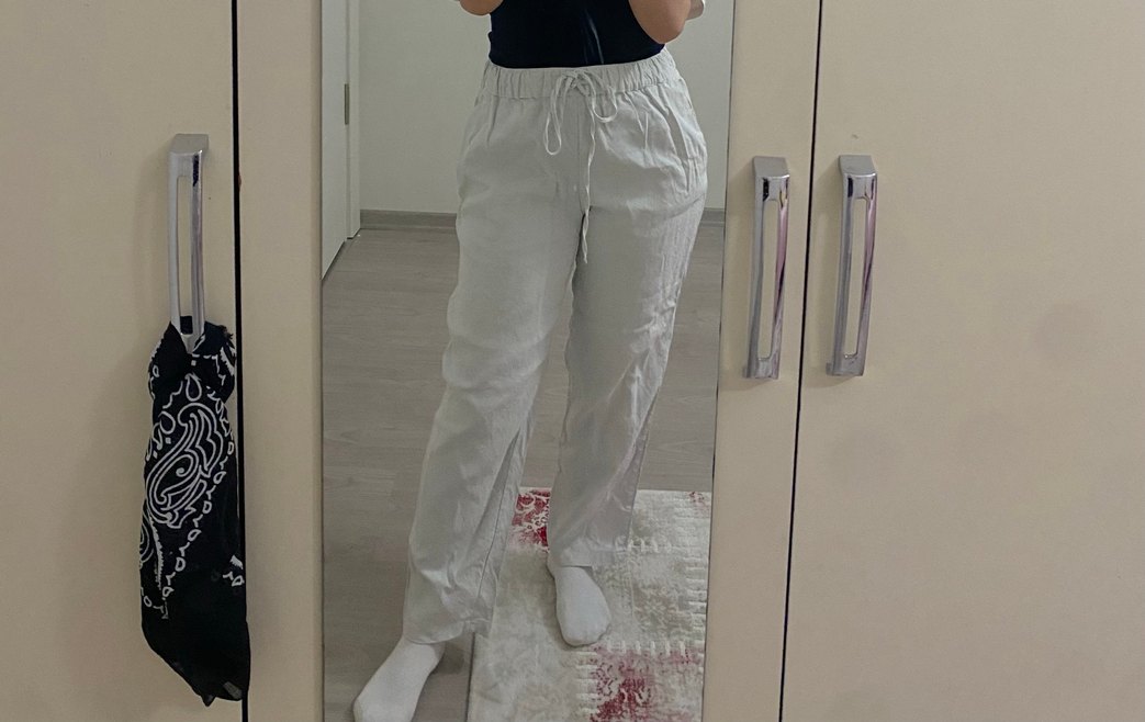 Beyaz Bol Kesim Keten Kadın Pantolon - Görsel 2