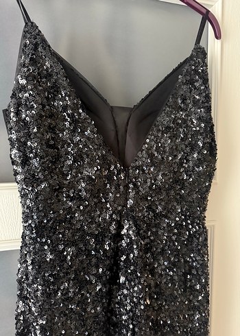 Siyah Payetli Uzun V Yaka Abiye Elbise - Görsel 3